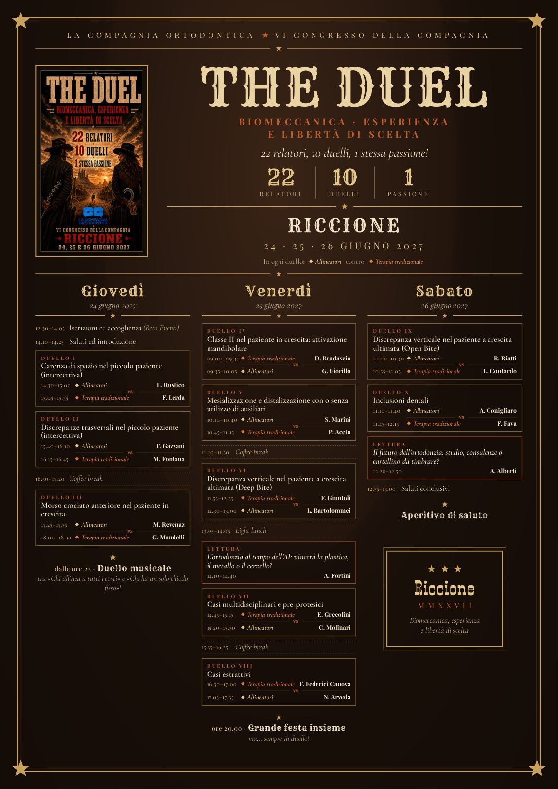 Locandina The Duel — VI Congresso della Compagnia, Riccione 24–26 giugno 2027, con il programma delle tre giornate